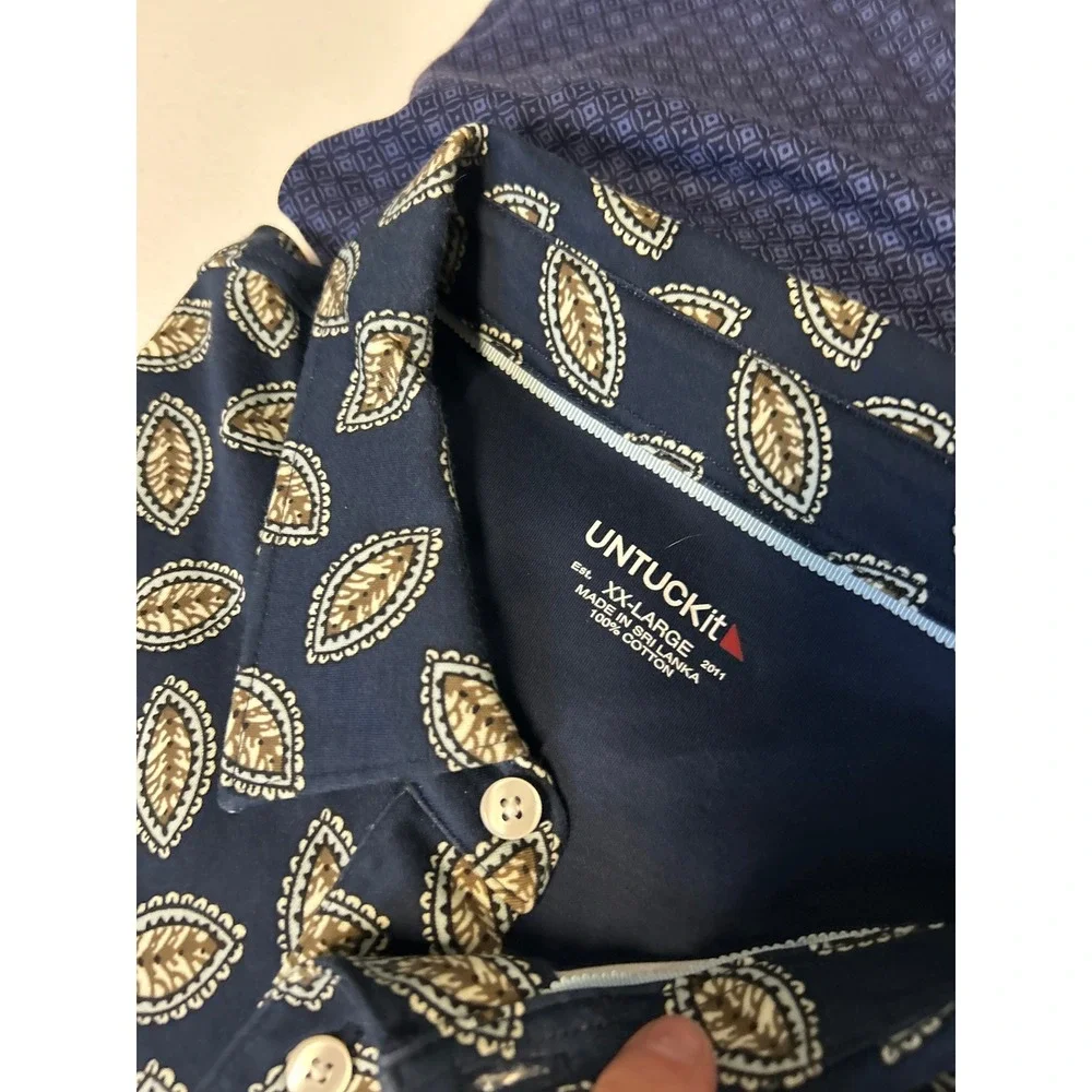UNTUCKit Polo Shirt Mens XXL Blue 2 Pc Bundle Leaf Geometric Short Sleeve Cotton